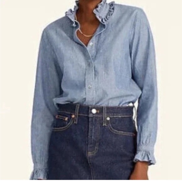 J. Crew Tops - J CREW • Women’s Classic Fit Ruffle Neck Cotton Chambray Denim Button Up Shirt